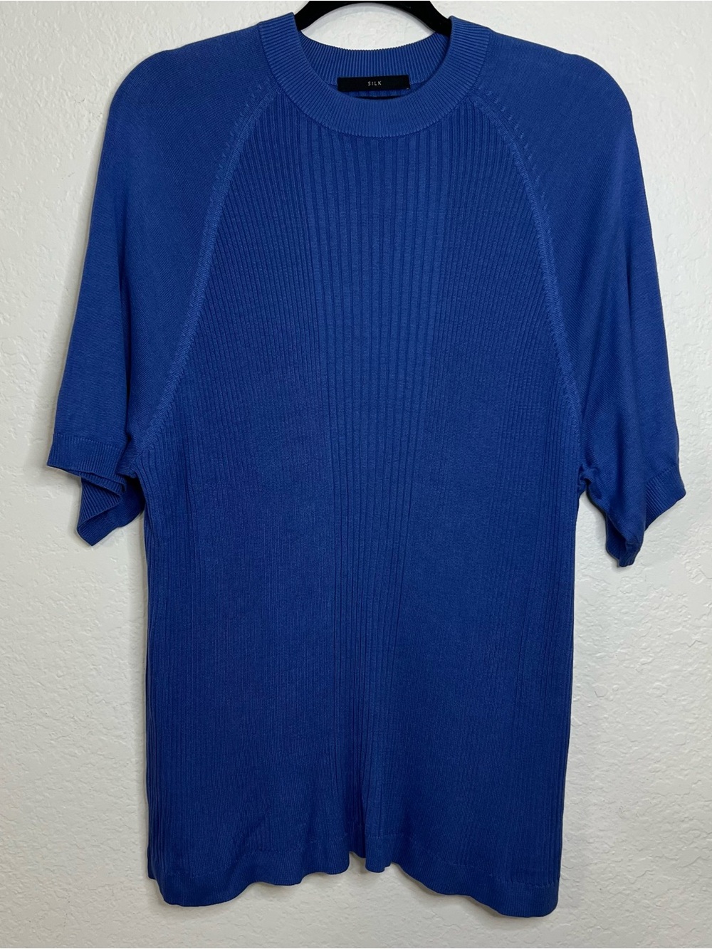 Murano 100% Silk Ribbed Knit Short Sleeve Mock Neck Sweater Blue Men’s Size XL